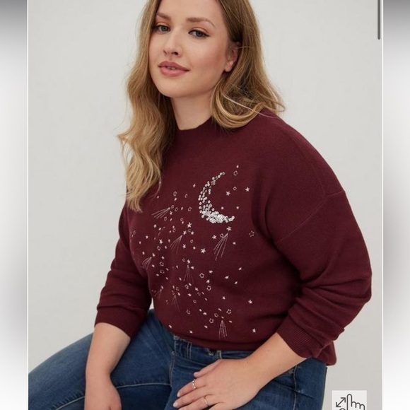 Torrid Burgundy Maroon Silver Sequin Moon Mock Neck Sweater 1X - Picture 2 of 11
